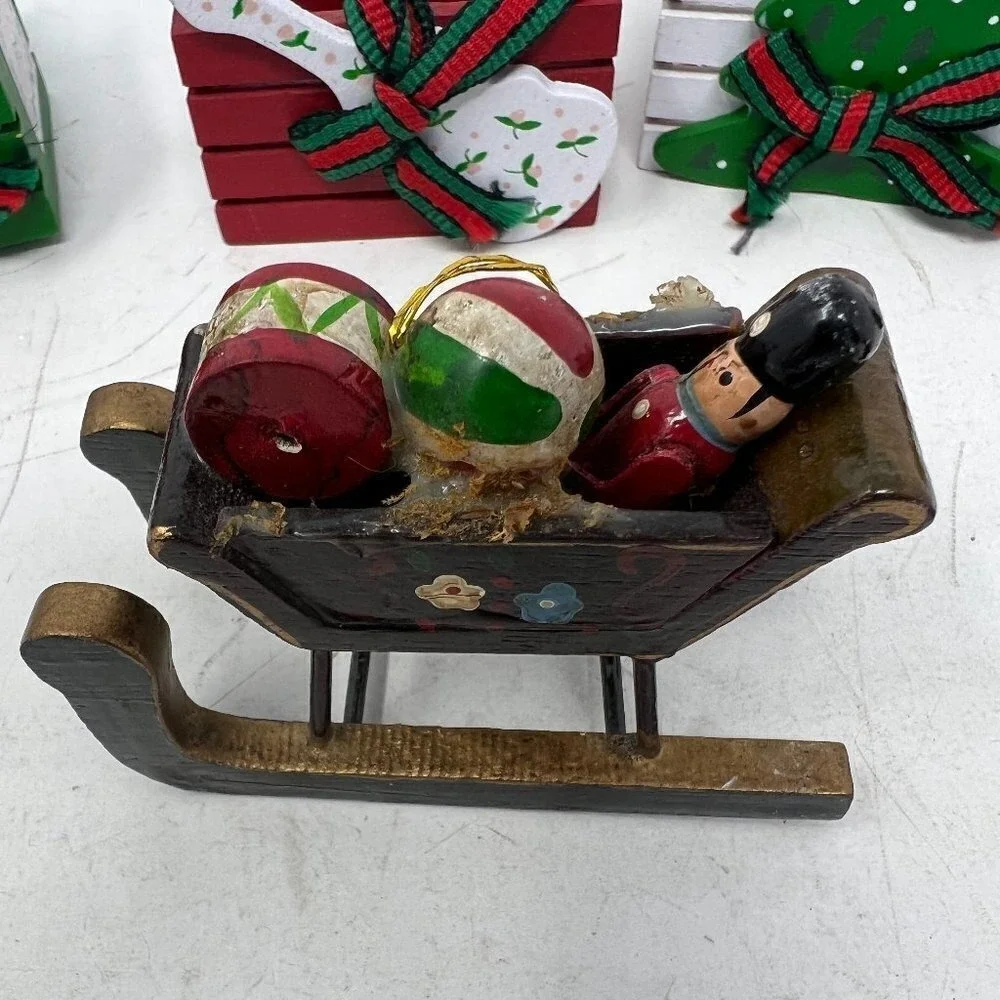 Wooden Christmas Ornaments Rocking Horse Sled Windmill Tree Holiday Lot‎ of 11